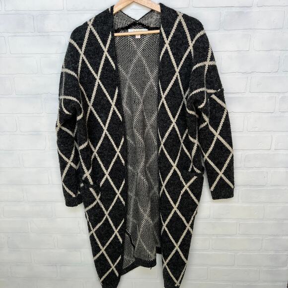 La vie 89 Open Grey and Cream Diamond Oversized Sweater Coat -sz S/M - Picture 1 of 6